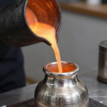 Molten sterling silver being poured from a graphite crucible into a hot clay flask, bright orange glow