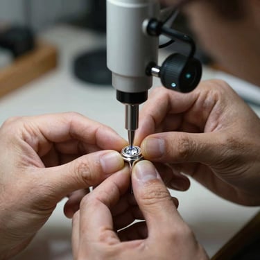 A jeweler using a micro-pusher under a magnifying visor to secure a small gemstone into a silver bezel