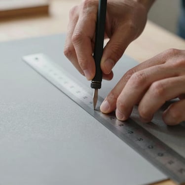Close-up of designer hands using a steel ruler and precision blade on thick gray bookboard, natural side lighting.
