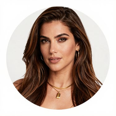 Professional headshot of a woman with long brown hair and gold jewelry in a white circular frame.