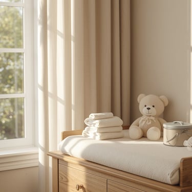 Sfeervolle commode met een stapel schone witte handdoeken, een schattige beige knuffelbeer