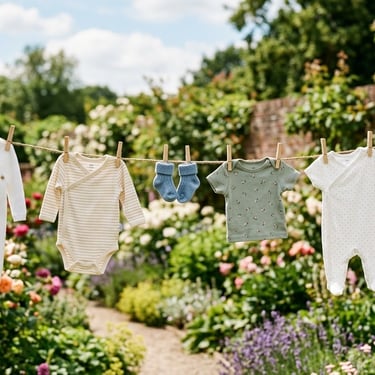 Schone babykleertjes, rompertjes en sokjes, hangen te drogen aan een waslijn in een zonnige tuin