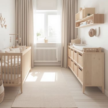 Stijlvolle kleine babykamer in neutrale tinten met compact wiegje en slimme opbergoplossingen voor k