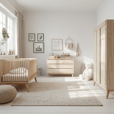 Complete minimalistische babykamer met houten wieg, commode, rotan accessoires, stralend, sereniteit