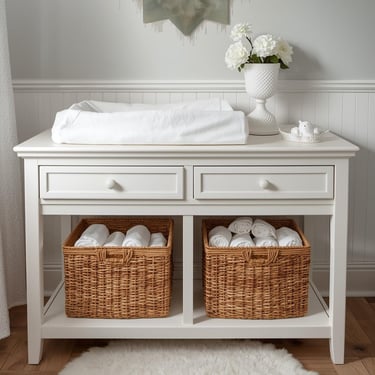 Wit houten commode met rotan manden en netjes opgerolde hydrofiele doeken