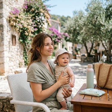 Een jonge moeder glimlacht op een zonnig mediterraan terras, terwijl ze haar baby vasthoudt.