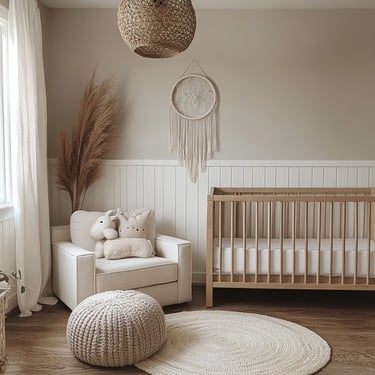 Een rustige en minimalistische babykamer in neutrale beige- en wit-tinten met een houten wiegje, een
