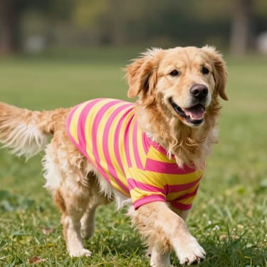 Perrito con ropa a rayas rosa y amarilla en el pasto