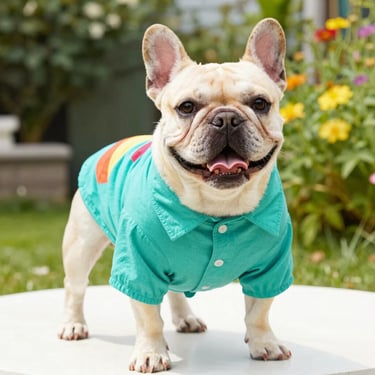 perro con camisa azul turquesa con lineas amarilllas y naaranjas