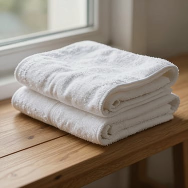 A close-up of folded white linen towels resting on a light oak bench, soft window light highlighting the natural texture.