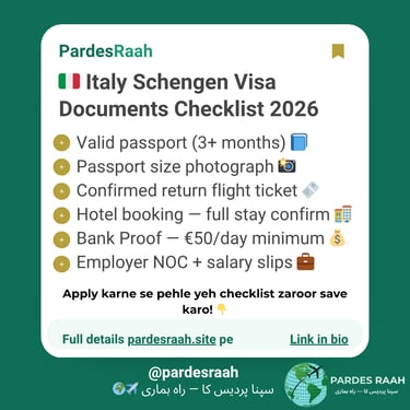 Italy Schengen Visa Documents Checklist 2026 including passport, flight ticket, and bank proof.