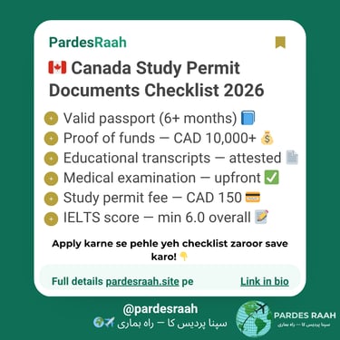 Canada Study Permit Documents Checklist 2026 including passport, proof of funds, and IELTS requirements.