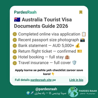 Checklist of required documents for an Australia Tourist Visa 2026 including bank statements and travel insurance.