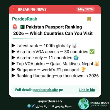 Pakistan passport ranking 2026 update showing 100th global rank and visa-free access to 30 countries.