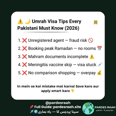 Umrah visa tips 2026 guide for Pakistanis highlighting common mistakes like unregistered agents and incomplete documents.