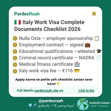 Italy work visa complete documents checklist for 2026 including Nulla Osta and fee requirements.