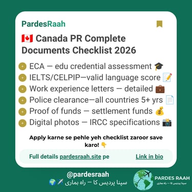 A detailed 2026 Canada PR complete documents checklist including ECA, IELTS, and work experience letters for immigration.