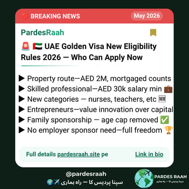 Infographic detailing UAE Golden Visa new eligibility rules 2026 for property, skilled professionals, and entrepreneurs.