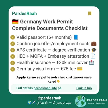 Complete Germany Work Permit documents checklist including visa form, health insurance, and APS certificate.