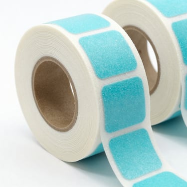 Macro shot of pristine rolls of die-cut adhesive labels on a clean industrial spool, bright clean studio lighting, high-contrast cyan and slate tones, 50mm lens