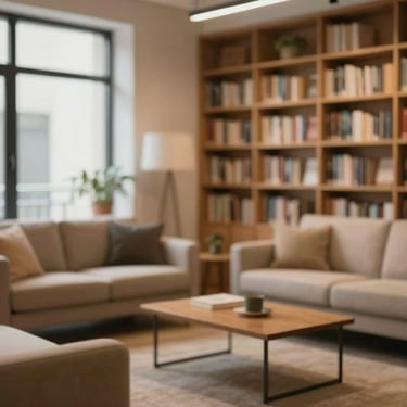 A cozy common living area with comfortable seating and a library corner, designed for a respectful community of like-minded professionals.