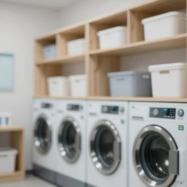 A modern laundry facility within the premises featuring a clean, high-capacity washing machine and organized storage spaces.