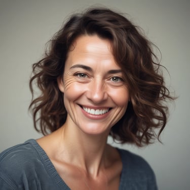 Smiling woman with short hair wearing a cozy sweater in a bright room.