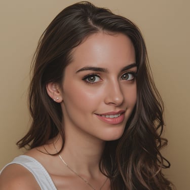 A young woman with wavy brown hair and natural makeup smiling for a portrait against a beige background.