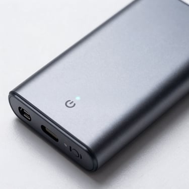 Overhead close-up of a slim portable power bank on a white surface, aluminium casing reflecting soft studio light, power indicator LEDs visible