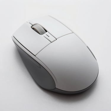 Overhead product shot of a wireless mouse on a white surface, side buttons and scroll wheel in sharp detail, soft even studio lighting