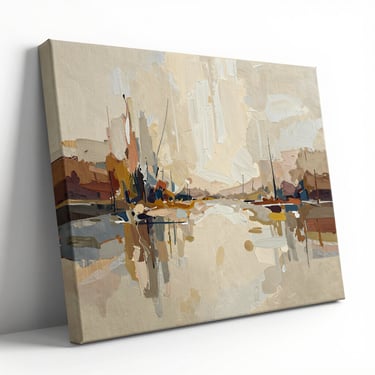 45-degree product shot on white background, abstract canvas art print in earth tones, studio-lit, sharp detail, no lifestyle props
