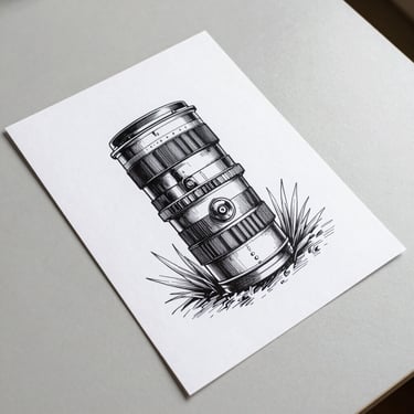 Overhead flat-lay on light grey surface, hand-drawn ink illustration print in black and white, studio daylight, crisp lines, no props