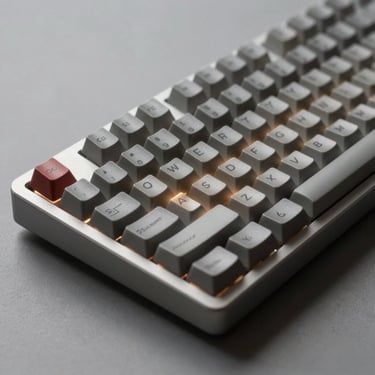 Close-up 45-degree shot of a mechanical keyboard on a neutral grey surface, keycaps in sharp focus, backlight glow subtle, studio lighting