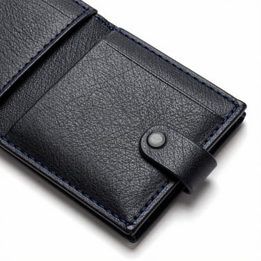 Slim card wallet in black with navy stitching on a white surface, overhead studio shot, sharp leather texture detail, no people