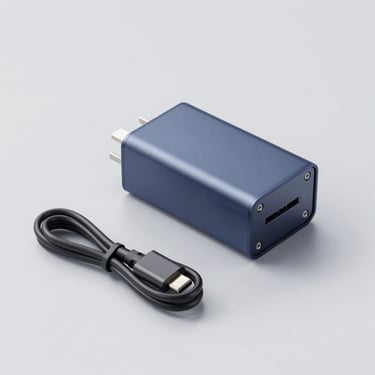 45-degree product shot of a USB-C fast charger brick on a light grey background, cable coiled neatly beside it, crisp studio lighting