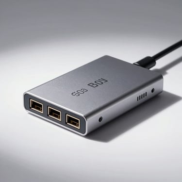 45-degree studio shot of a USB hub with four ports on a white surface, aluminium shell with port labels visible, clean directional lighting
