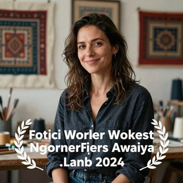 Portrait of a female artist in her 30s with a creative look, smiling in her workshop filled with textile art pieces.