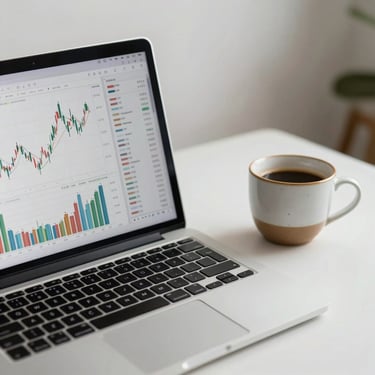 A clean, modern workspace with a laptop displaying financial charts next to a ceramic cup of coffee, soft side lighting.