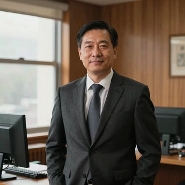 An honest portrait of a local bank manager in a warm, wood-paneled office, soft natural window light, confident expression.