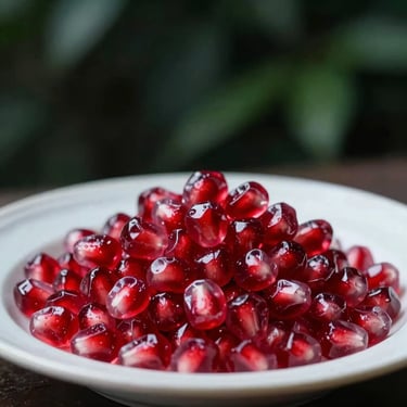 A close-up of a perfectly plated artisanal dish with vibrant red pomegranate seeds, moody lighting, dark forest green background.