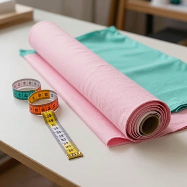 Un rollo de tela rosa claro y un pliego doblado de tela turquesa junto a una cinta métrica para coser sobre una mesa blanca