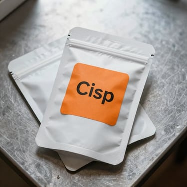 Crisp overhead shot of sealed, minimalist white cannabis flower pouches on a steel table, bright natural daylight, safety orange label.