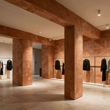 Architectural wide shot of a finished commercial boutique interior, featuring structural terracotta pillars and warm gallery lighting