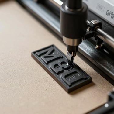 Extreme macro shot of a high-end printing press applying letterpress ink to textured beige stock