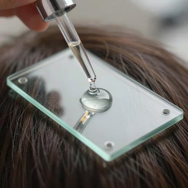 Close-up of clinical hair and nail care serum micro-droplets on a sterile glass slide.