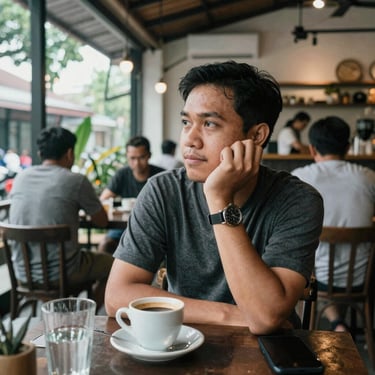 A happy cafe owner holding a cafecup cup with a cozy cafe background.