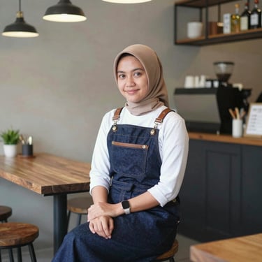 A happy cafe owner holding a cafecup cup with a cozy cafe background.