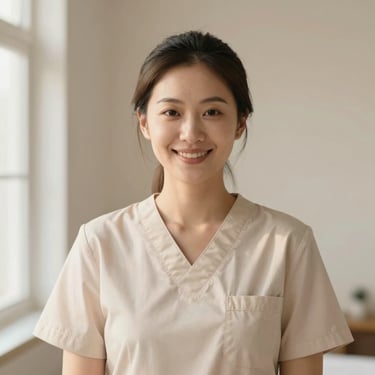 Professional portrait of a female massage therapist in clean, minimalist uniform, smiling warmly, soft natural light, clean background