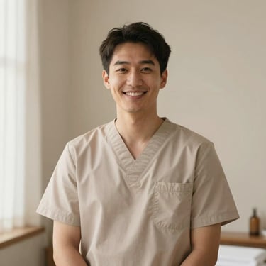 Professional portrait of a male massage therapist in clean, minimalist uniform, smiling warmly, soft natural light, clean background