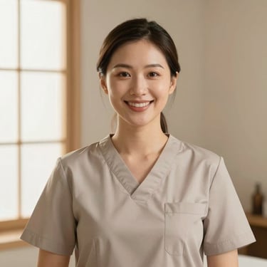 Professional portrait of a female massage therapist in clean, minimalist uniform, smiling warmly, soft natural light, clean background